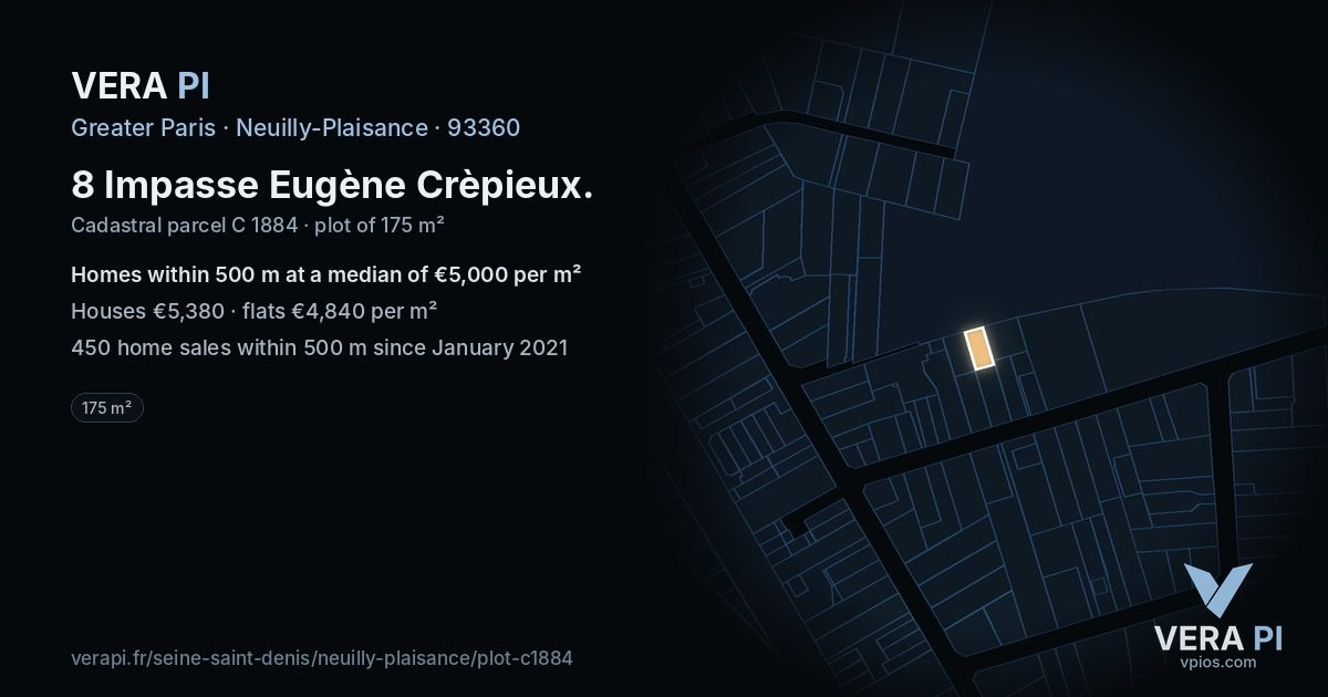 8 Impasse Eugène Crèpieux, Neuilly-Plaisance at night – the plot lit, the parcels around coloured by the prices near them