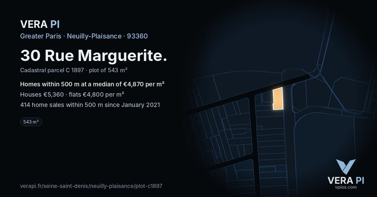 30 Rue Marguerite, Neuilly-Plaisance at night – the plot lit, the parcels around coloured by the prices near them