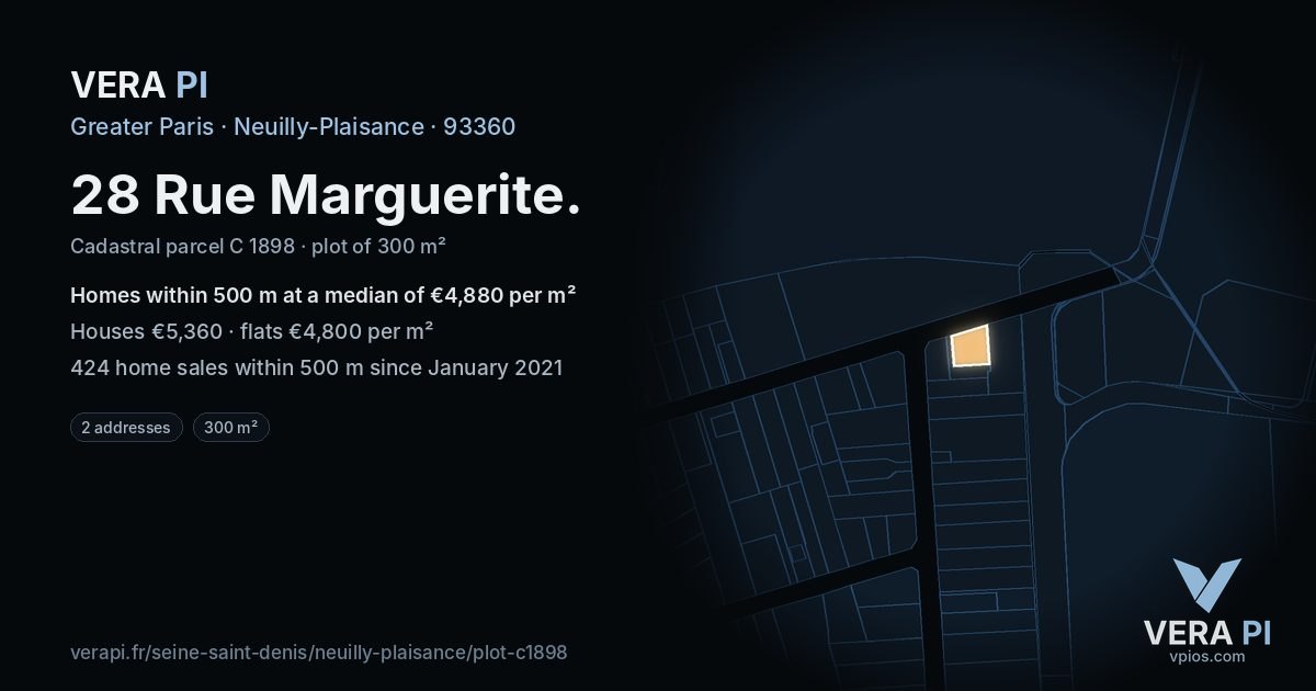 28 Rue Marguerite, Neuilly-Plaisance at night – the plot lit, the parcels around coloured by the prices near them