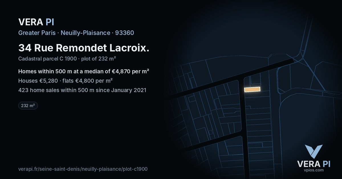34 Rue Remondet Lacroix, Neuilly-Plaisance at night – the plot lit, the parcels around coloured by the prices near them