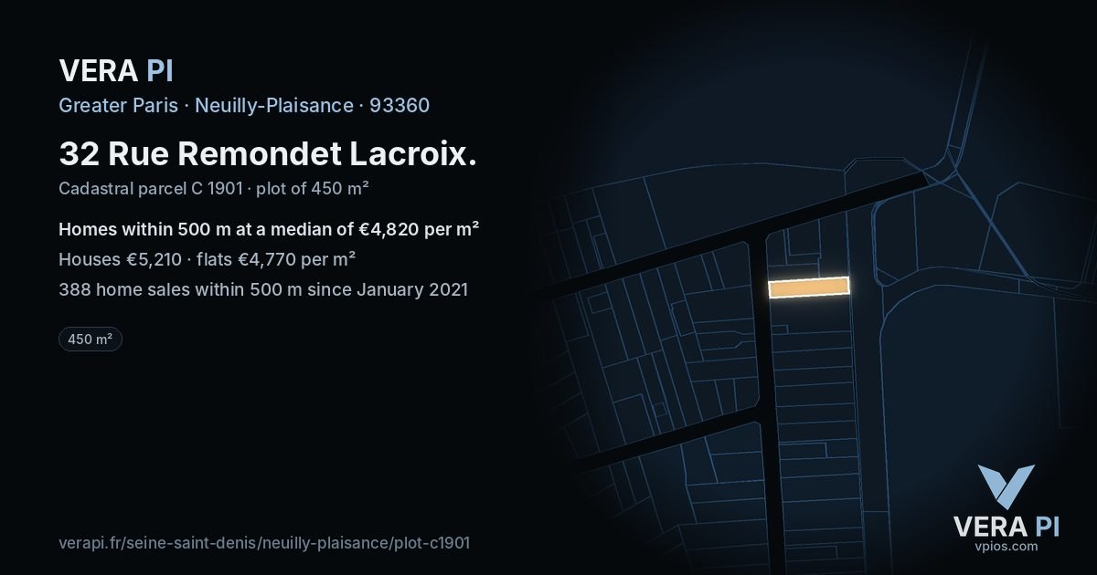 32 Rue Remondet Lacroix, Neuilly-Plaisance at night – the plot lit, the parcels around coloured by the prices near them