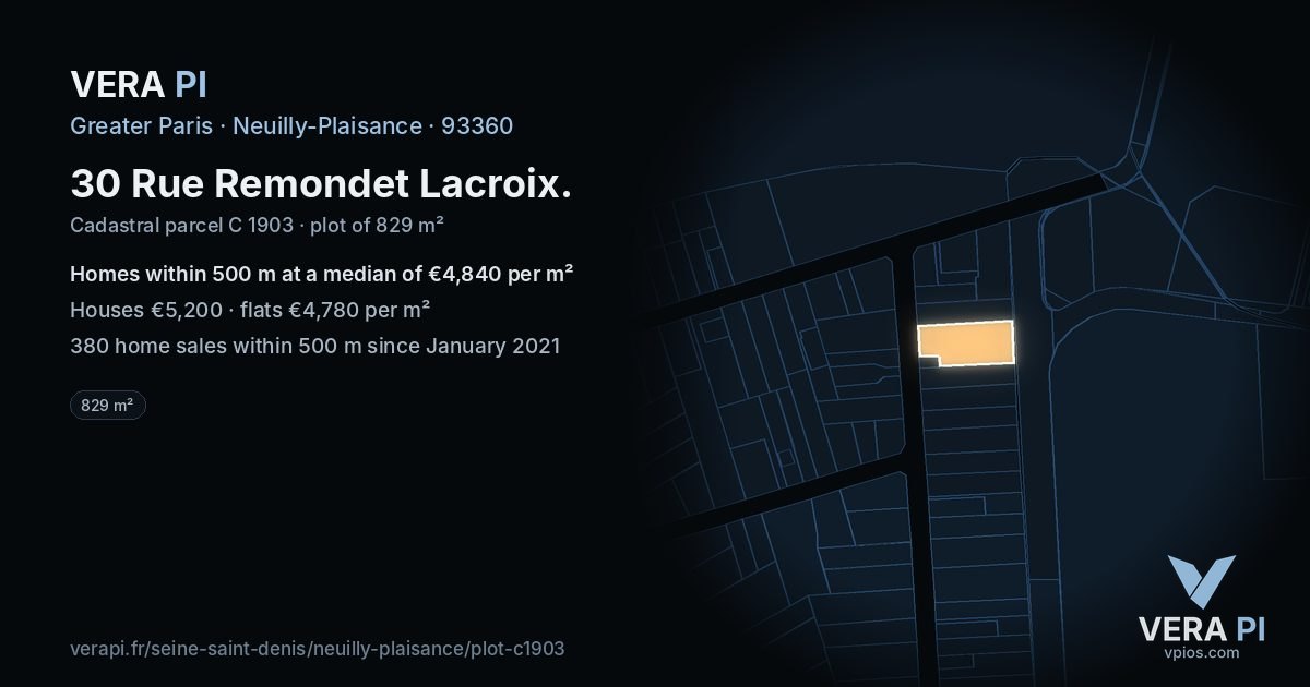 30 Rue Remondet Lacroix, Neuilly-Plaisance at night – the plot lit, the parcels around coloured by the prices near them