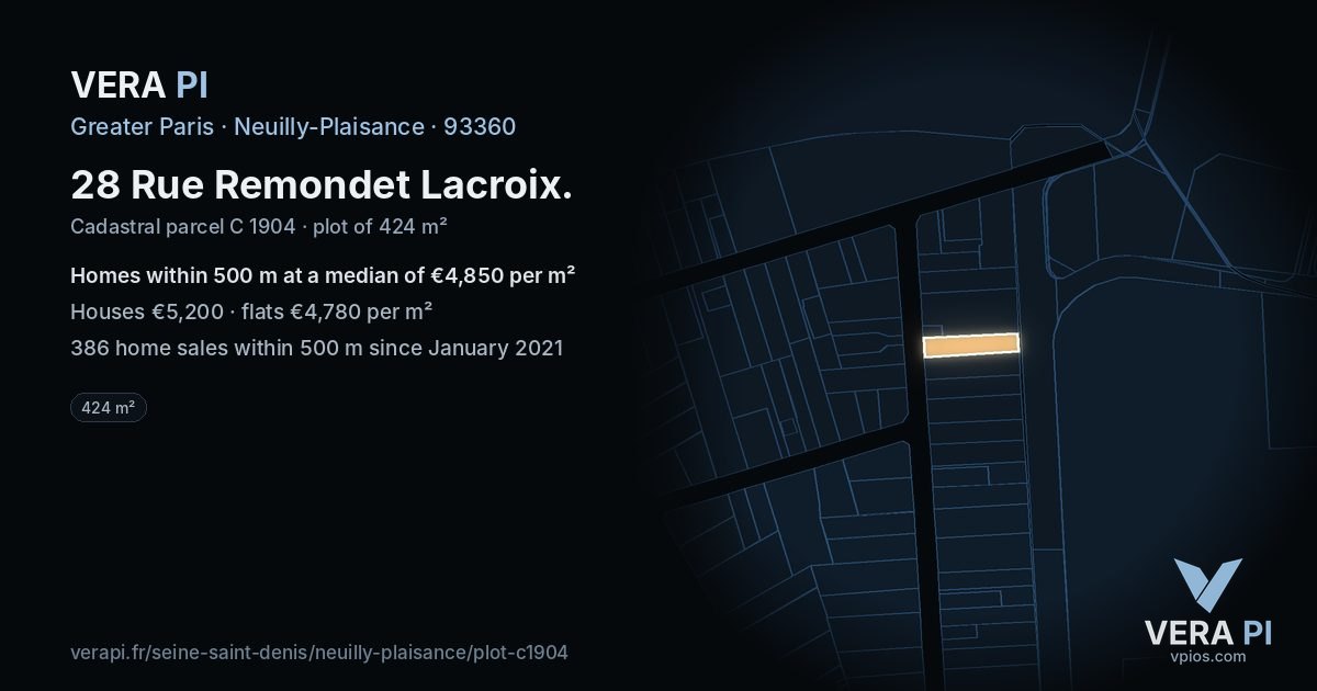 28 Rue Remondet Lacroix, Neuilly-Plaisance at night – the plot lit, the parcels around coloured by the prices near them