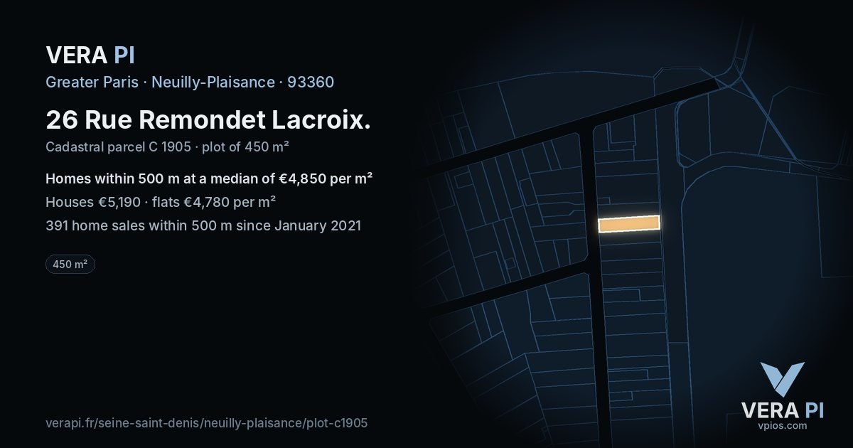 26 Rue Remondet Lacroix, Neuilly-Plaisance at night – the plot lit, the parcels around coloured by the prices near them