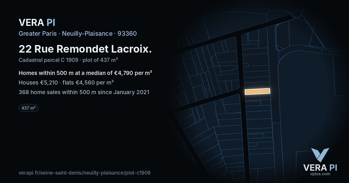 22 Rue Remondet Lacroix, Neuilly-Plaisance at night – the plot lit, the parcels around coloured by the prices near them