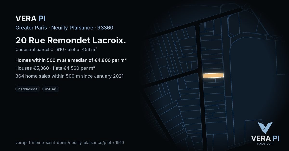 20 Rue Remondet Lacroix, Neuilly-Plaisance at night – the plot lit, the parcels around coloured by the prices near them