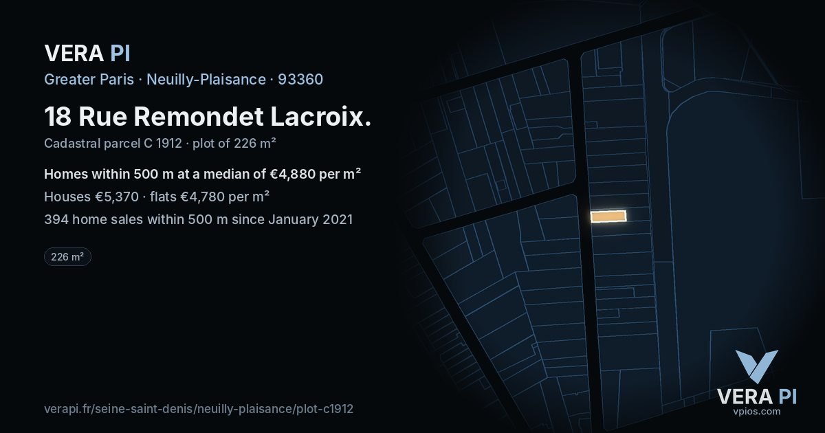 18 Rue Remondet Lacroix, Neuilly-Plaisance at night – the plot lit, the parcels around coloured by the prices near them