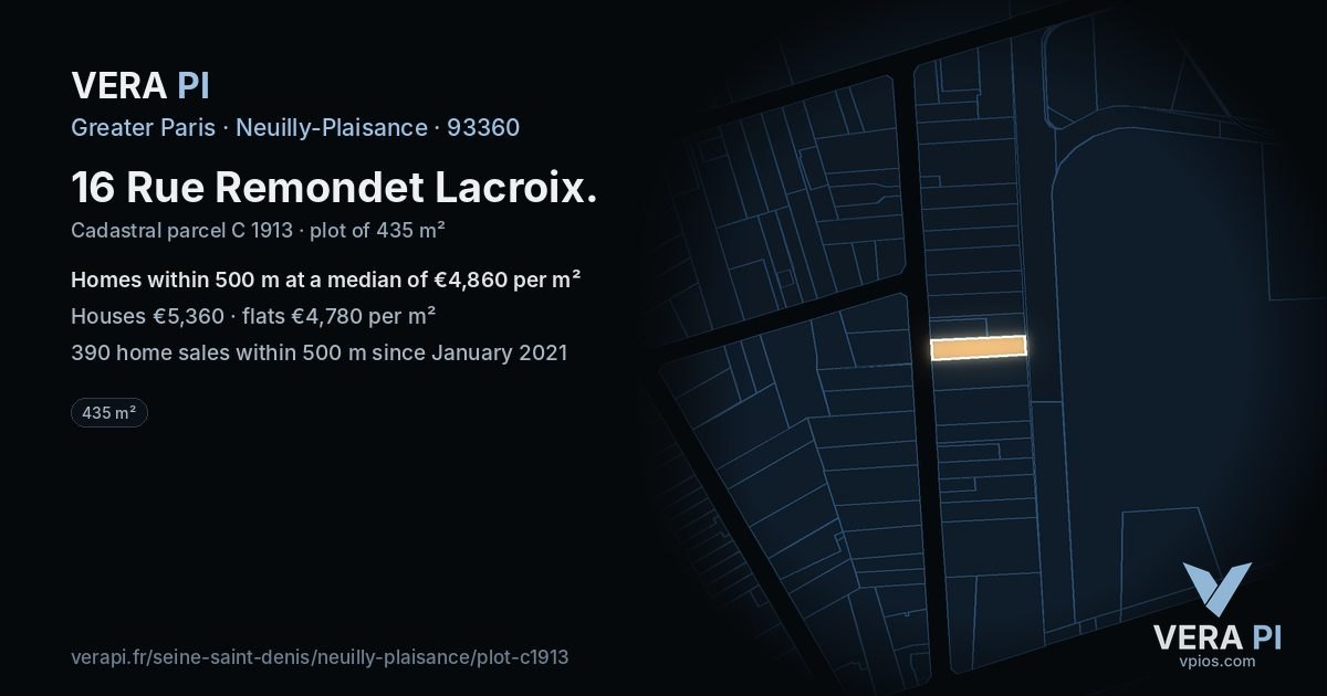 16 Rue Remondet Lacroix, Neuilly-Plaisance at night – the plot lit, the parcels around coloured by the prices near them