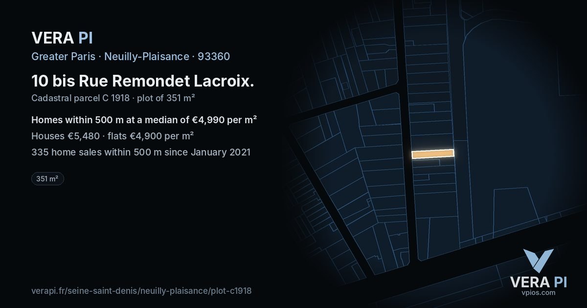 10 bis Rue Remondet Lacroix, Neuilly-Plaisance at night – the plot lit, the parcels around coloured by the prices near them