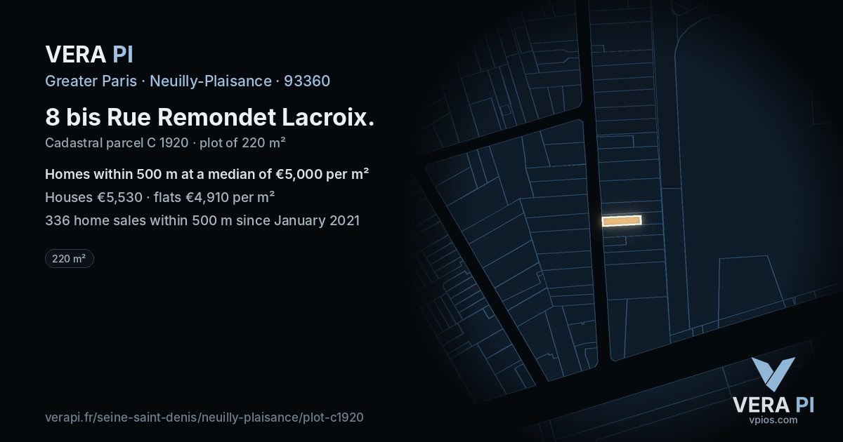 8 bis Rue Remondet Lacroix, Neuilly-Plaisance at night – the plot lit, the parcels around coloured by the prices near them
