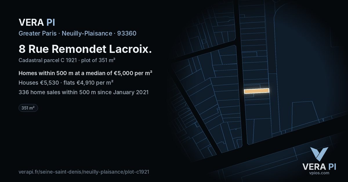 8 Rue Remondet Lacroix, Neuilly-Plaisance at night – the plot lit, the parcels around coloured by the prices near them