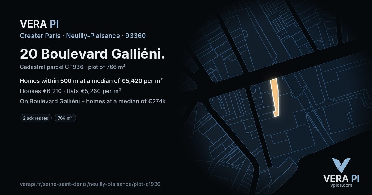 20 Boulevard Galliéni, Neuilly-Plaisance at night – the plot lit, the parcels around coloured by the prices near them