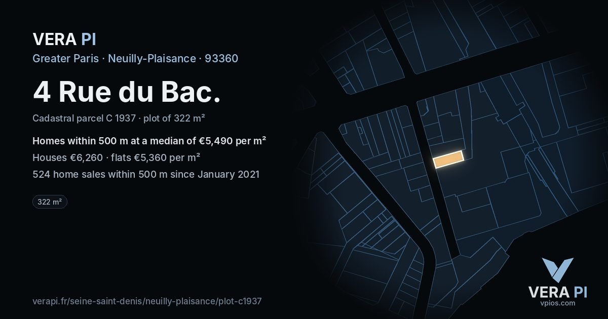 4 Rue du Bac, Neuilly-Plaisance at night – the plot lit, the parcels around coloured by the prices near them