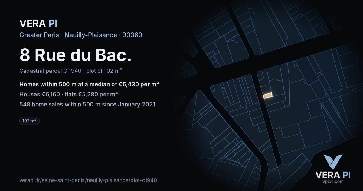 8 Rue du Bac, Neuilly-Plaisance at night – the plot lit, the parcels around coloured by the prices near them