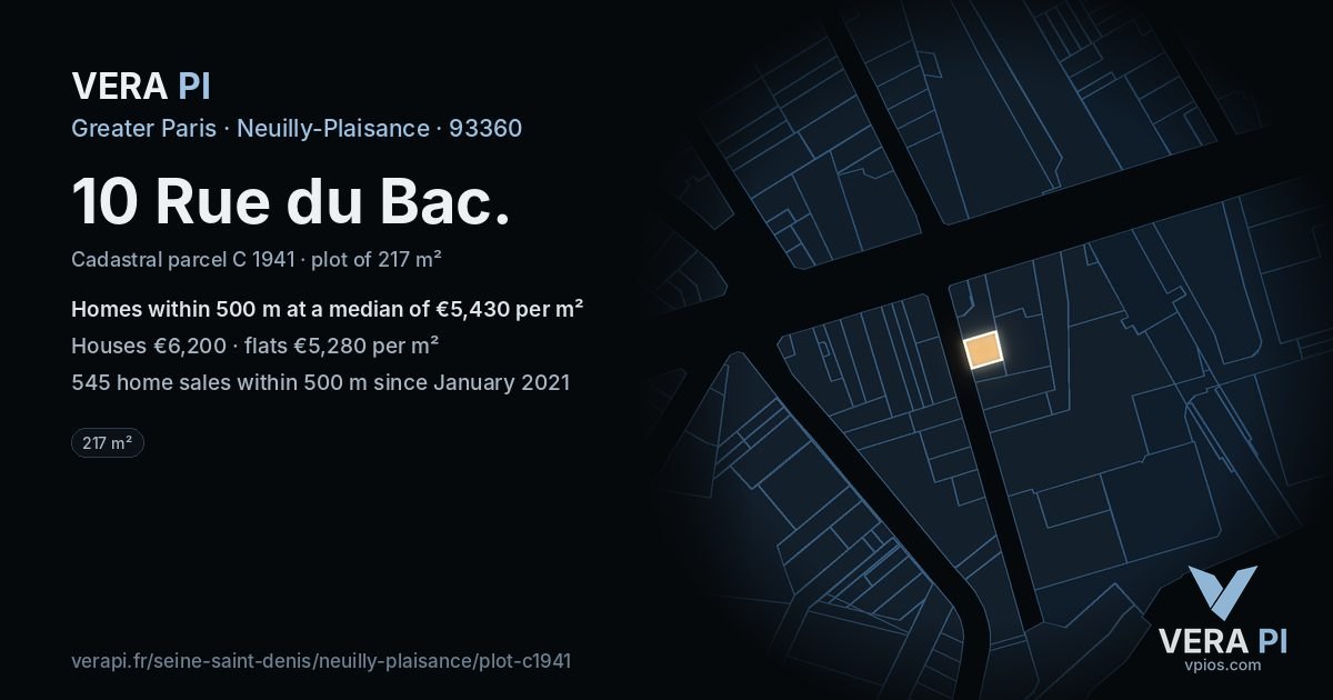 10 Rue du Bac, Neuilly-Plaisance at night – the plot lit, the parcels around coloured by the prices near them