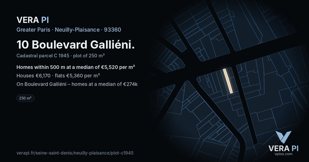 10 Boulevard Galliéni, Neuilly-Plaisance at night – the plot lit, the parcels around coloured by the prices near them