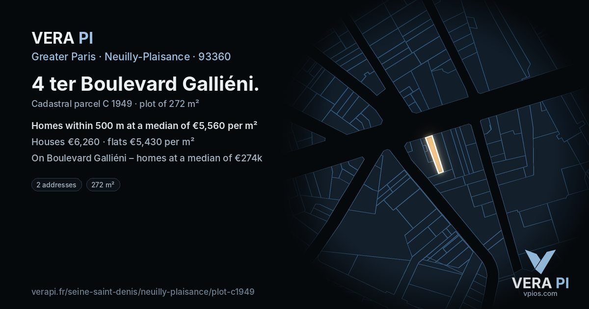 4 ter Boulevard Galliéni, Neuilly-Plaisance at night – the plot lit, the parcels around coloured by the prices near them