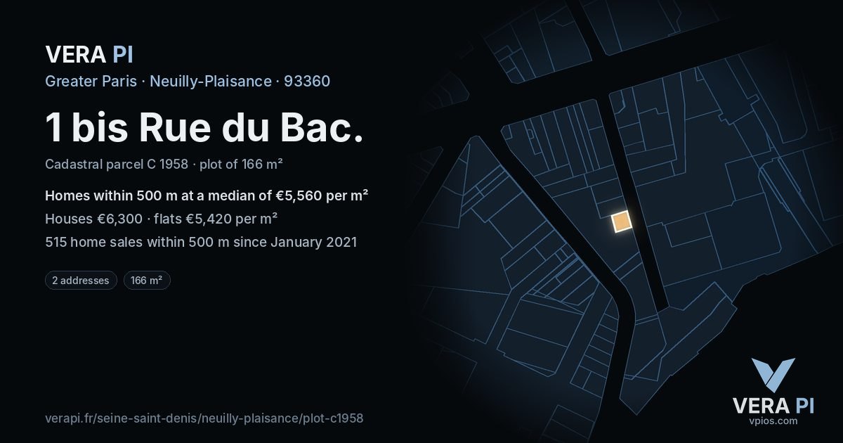 1 bis Rue du Bac, Neuilly-Plaisance at night – the plot lit, the parcels around coloured by the prices near them