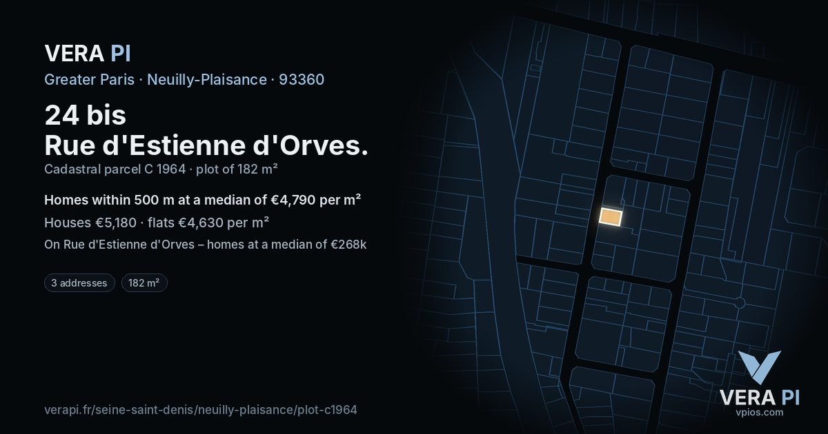 24 bis Rue d'Estienne d'Orves, Neuilly-Plaisance at night – the plot lit, the parcels around coloured by the prices near them