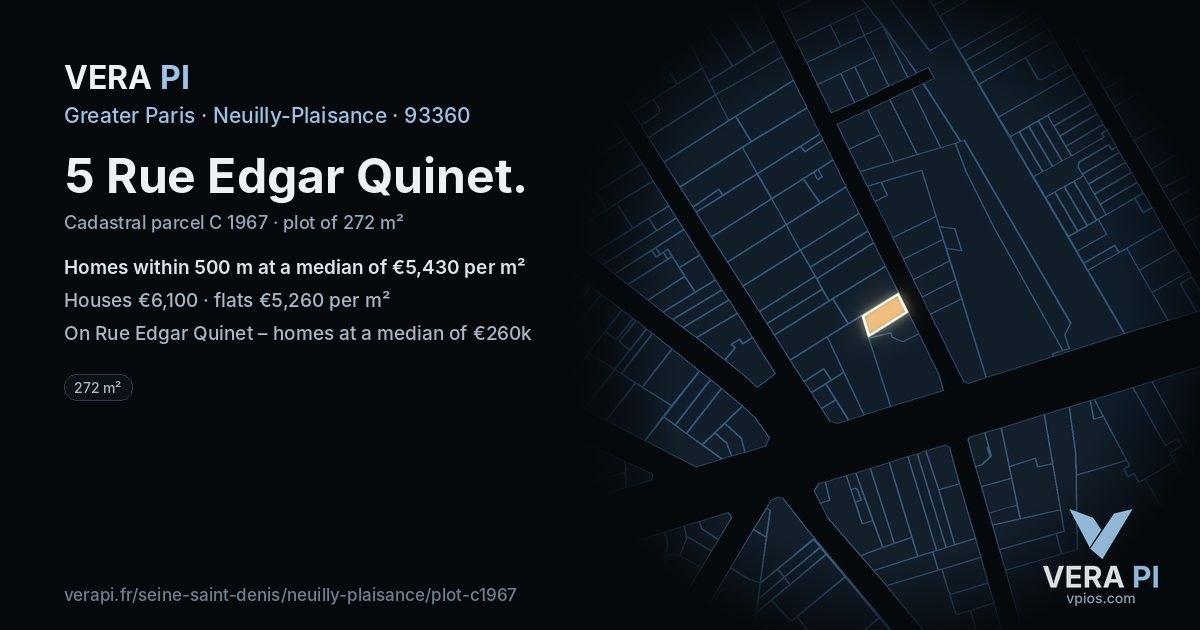 5 Rue Edgar Quinet, Neuilly-Plaisance at night – the plot lit, the parcels around coloured by the prices near them