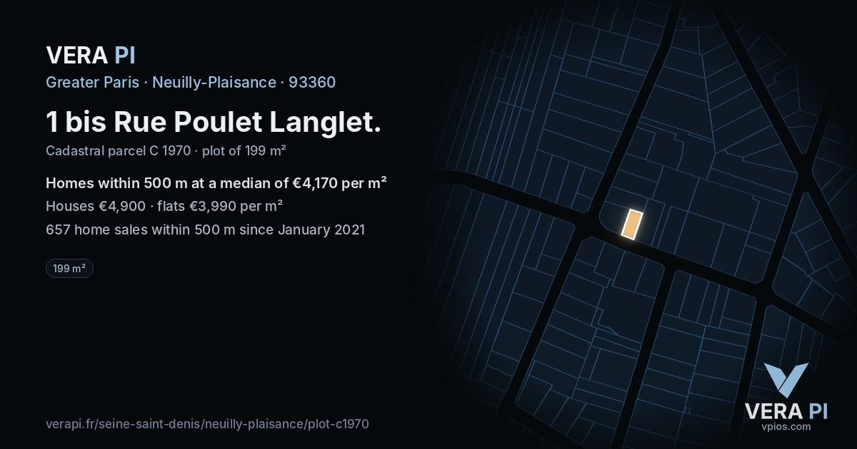 1 bis Rue Poulet Langlet, Neuilly-Plaisance at night – the plot lit, the parcels around coloured by the prices near them