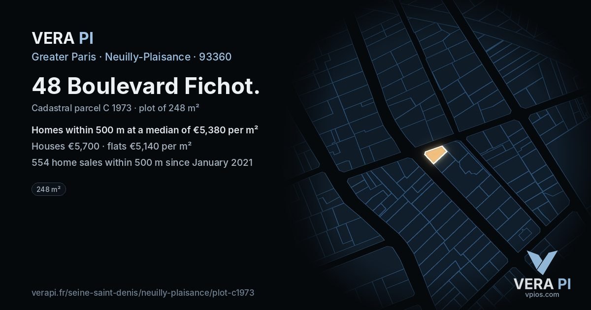 48 Boulevard Fichot, Neuilly-Plaisance at night – the plot lit, the parcels around coloured by the prices near them
