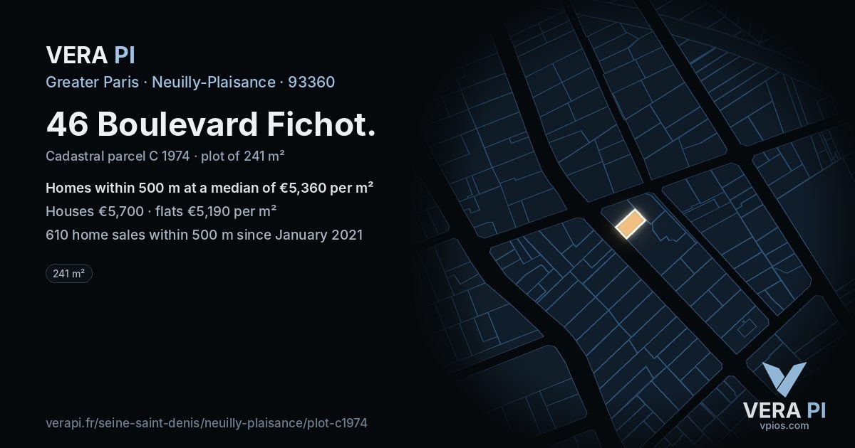 46 Boulevard Fichot, Neuilly-Plaisance at night – the plot lit, the parcels around coloured by the prices near them