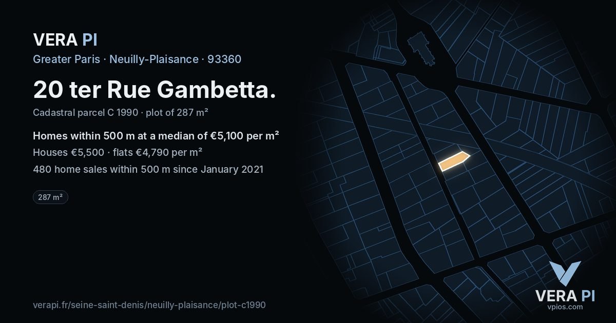 20 ter Rue Gambetta, Neuilly-Plaisance at night – the plot lit, the parcels around coloured by the prices near them