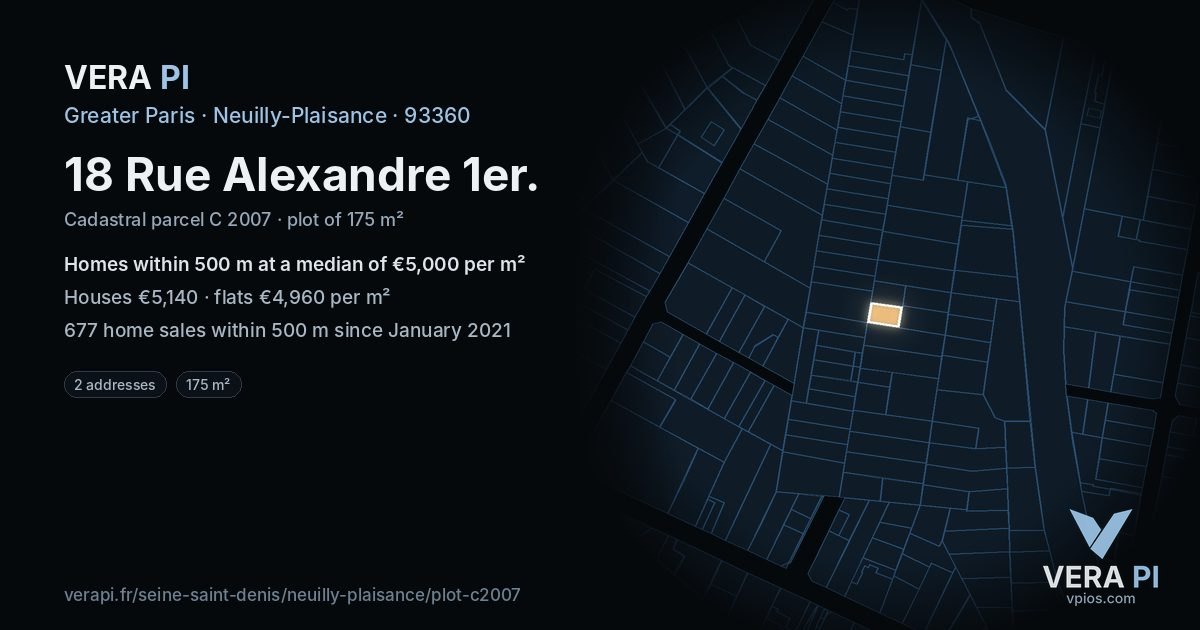 18 Rue Alexandre 1er, Neuilly-Plaisance at night – the plot lit, the parcels around coloured by the prices near them