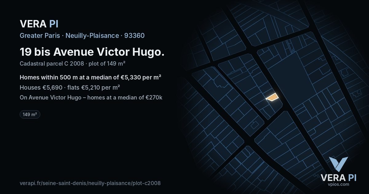 19 bis Avenue Victor Hugo, Neuilly-Plaisance at night – the plot lit, the parcels around coloured by the prices near them