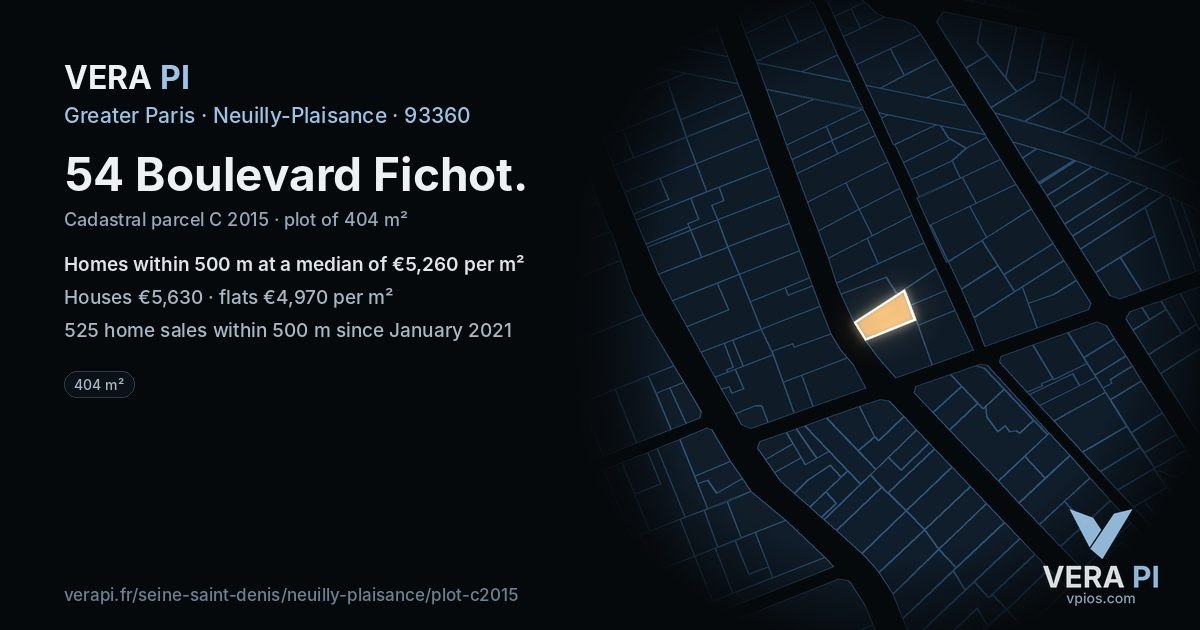 54 Boulevard Fichot, Neuilly-Plaisance at night – the plot lit, the parcels around coloured by the prices near them