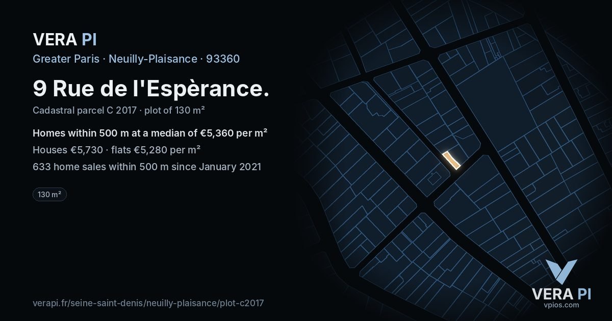 9 Rue de l'Espèrance, Neuilly-Plaisance at night – the plot lit, the parcels around coloured by the prices near them