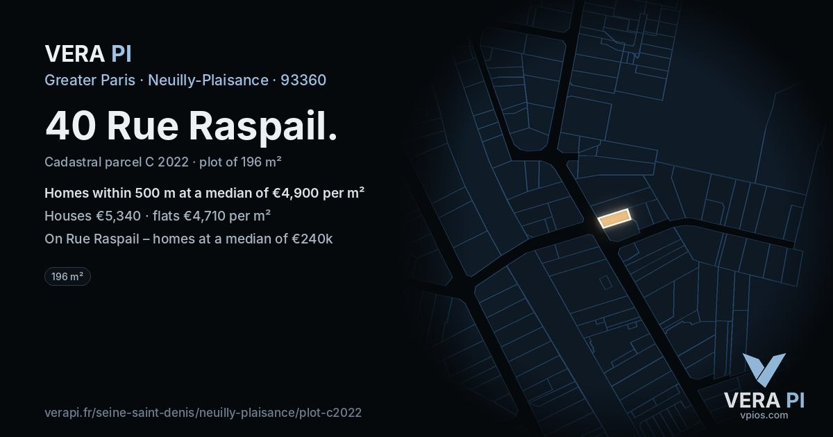 40 Rue Raspail, Neuilly-Plaisance at night – the plot lit, the parcels around coloured by the prices near them