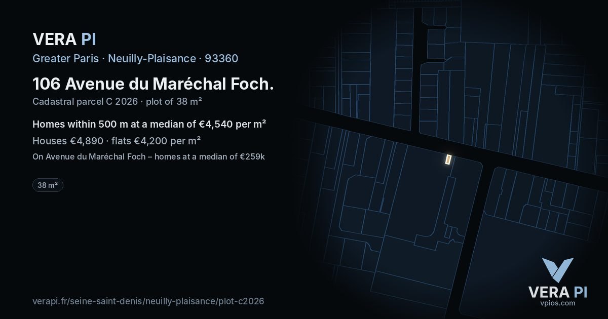 106 Avenue du Maréchal Foch, Neuilly-Plaisance at night – the plot lit, the parcels around coloured by the prices near them