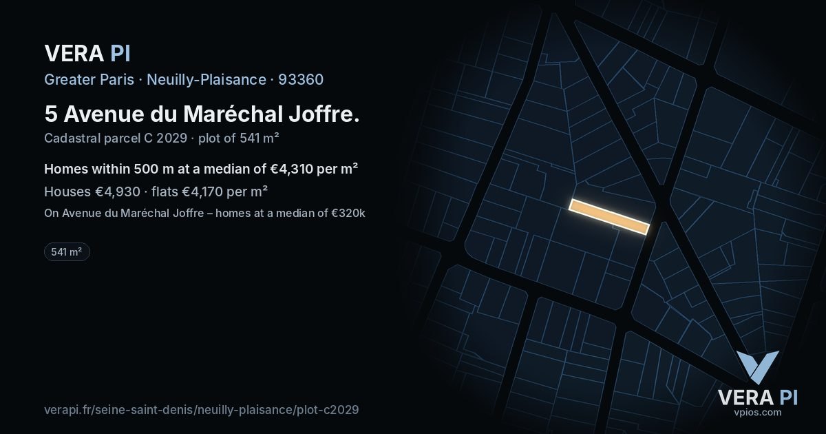 5 Avenue du Maréchal Joffre, Neuilly-Plaisance at night – the plot lit, the parcels around coloured by the prices near them