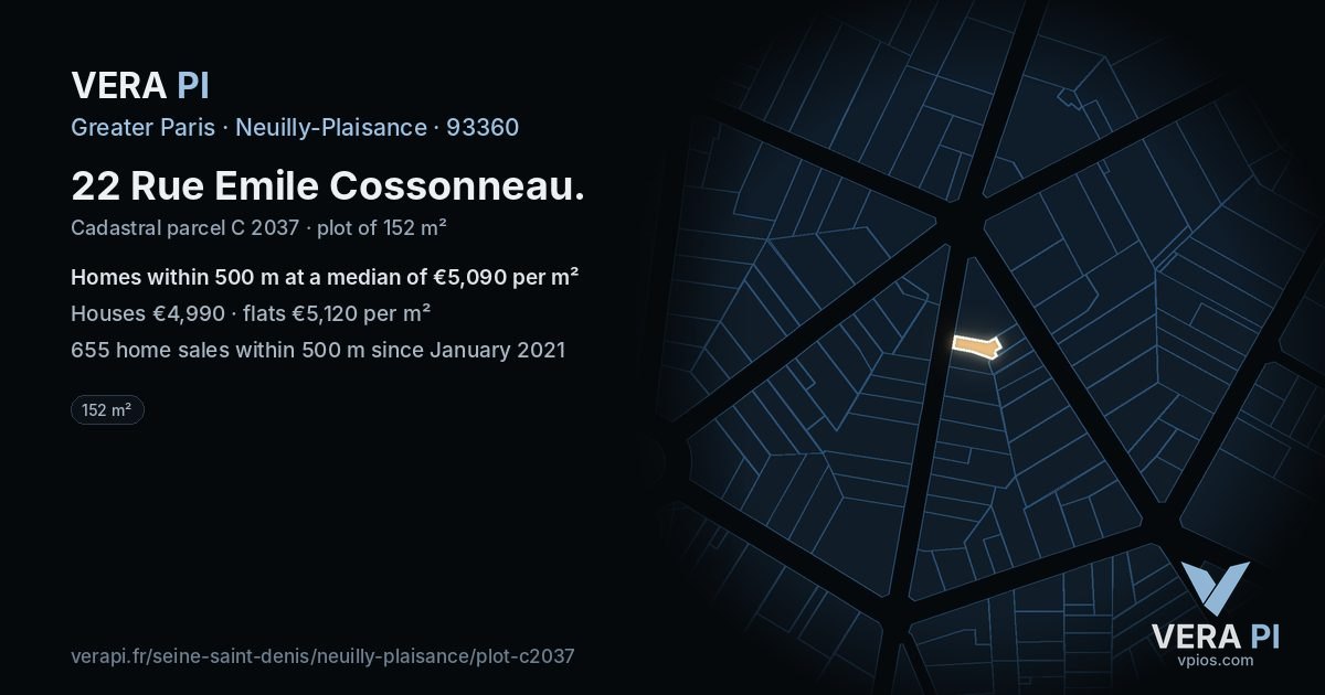 22 Rue Emile Cossonneau, Neuilly-Plaisance at night – the plot lit, the parcels around coloured by the prices near them