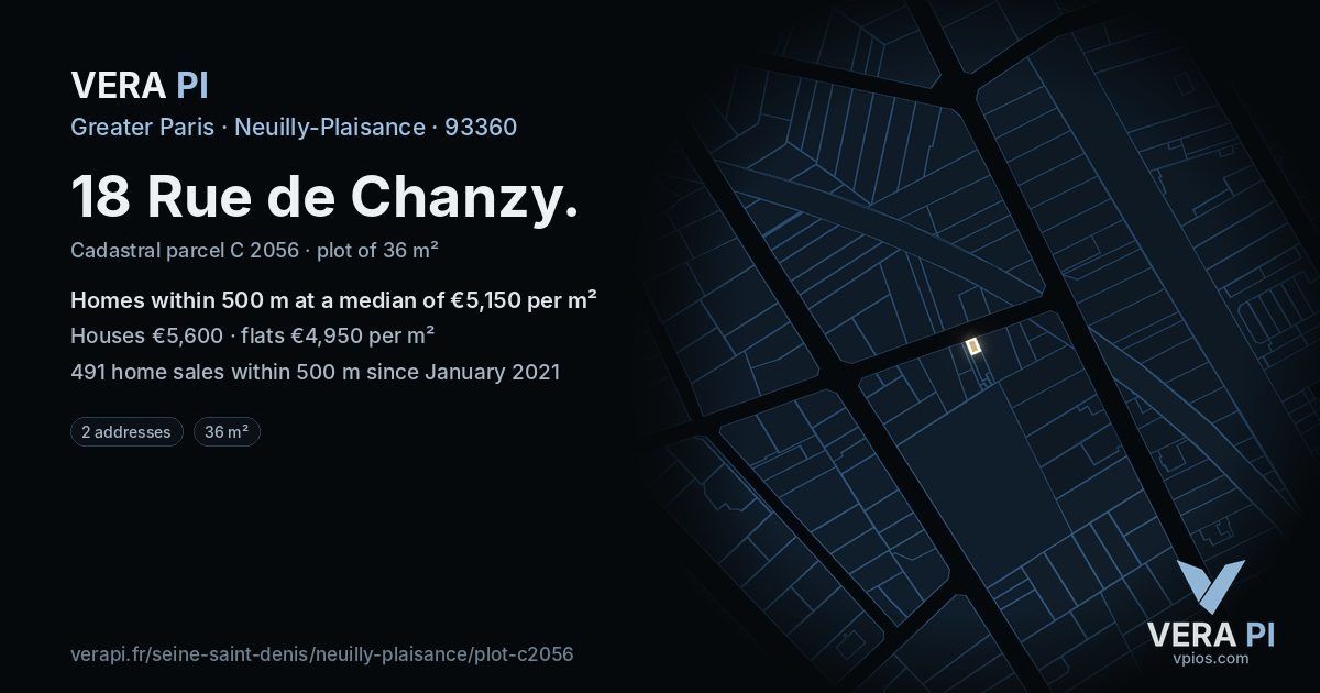 18 Rue de Chanzy, Neuilly-Plaisance at night – the plot lit, the parcels around coloured by the prices near them