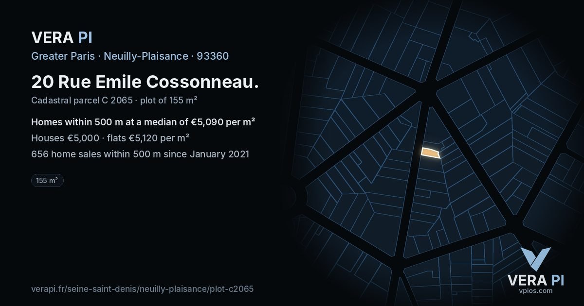 20 Rue Emile Cossonneau, Neuilly-Plaisance at night – the plot lit, the parcels around coloured by the prices near them