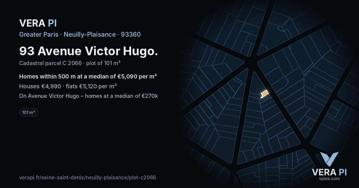 93 Avenue Victor Hugo, Neuilly-Plaisance at night – the plot lit, the parcels around coloured by the prices near them