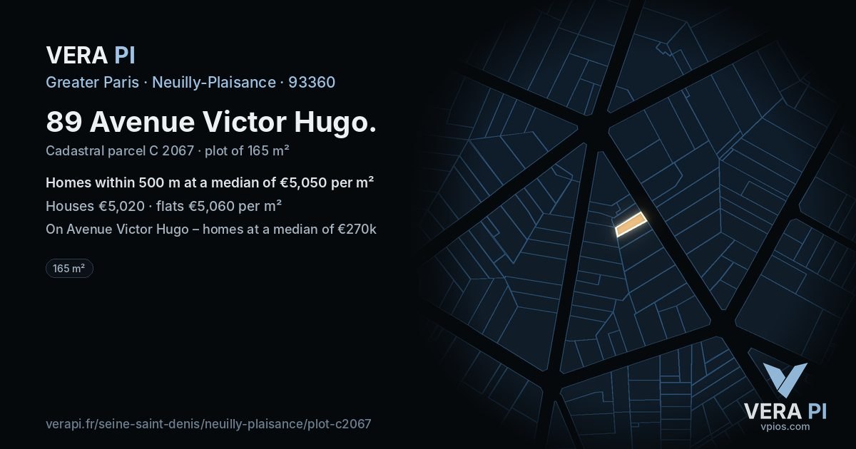 89 Avenue Victor Hugo, Neuilly-Plaisance at night – the plot lit, the parcels around coloured by the prices near them