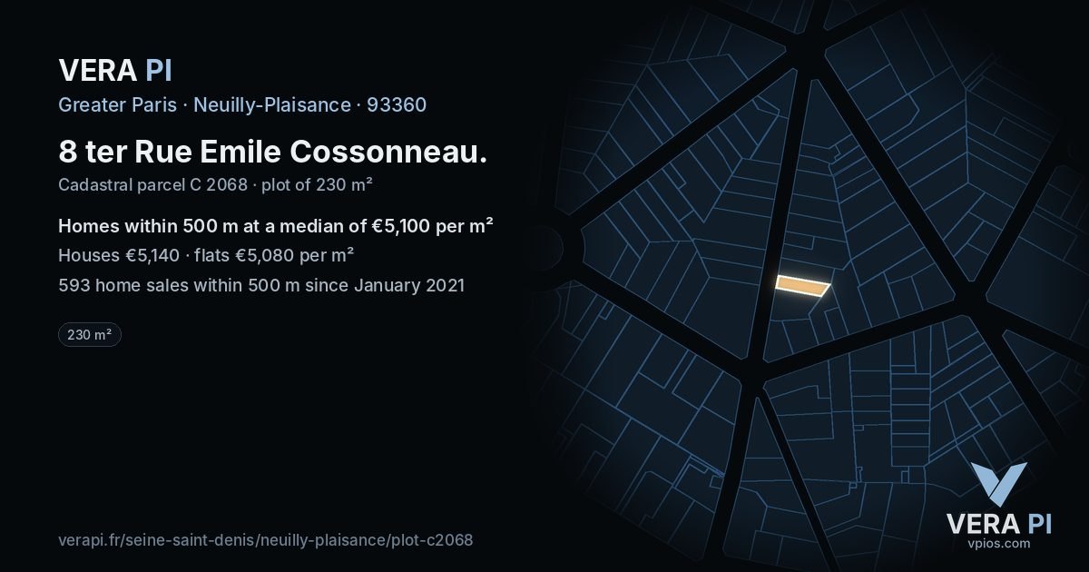8 ter Rue Emile Cossonneau, Neuilly-Plaisance at night – the plot lit, the parcels around coloured by the prices near them