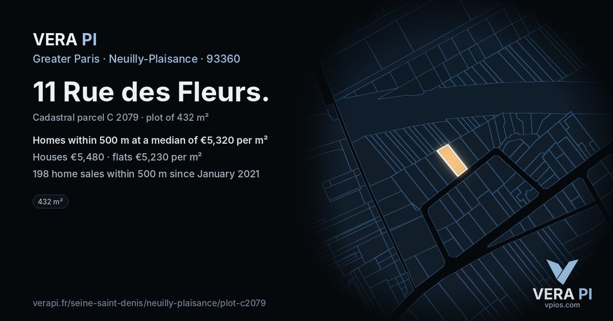 11 Rue des Fleurs, Neuilly-Plaisance at night – the plot lit, the parcels around coloured by the prices near them