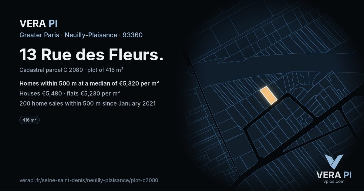 13 Rue des Fleurs, Neuilly-Plaisance at night – the plot lit, the parcels around coloured by the prices near them