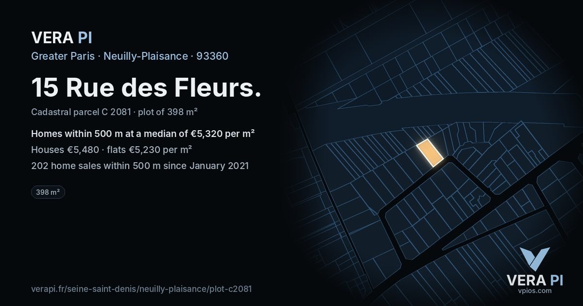 15 Rue des Fleurs, Neuilly-Plaisance at night – the plot lit, the parcels around coloured by the prices near them