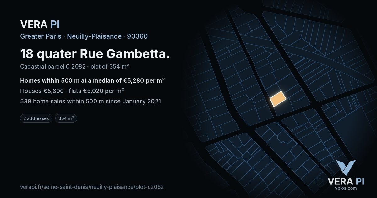 18 quater Rue Gambetta, Neuilly-Plaisance at night – the plot lit, the parcels around coloured by the prices near them