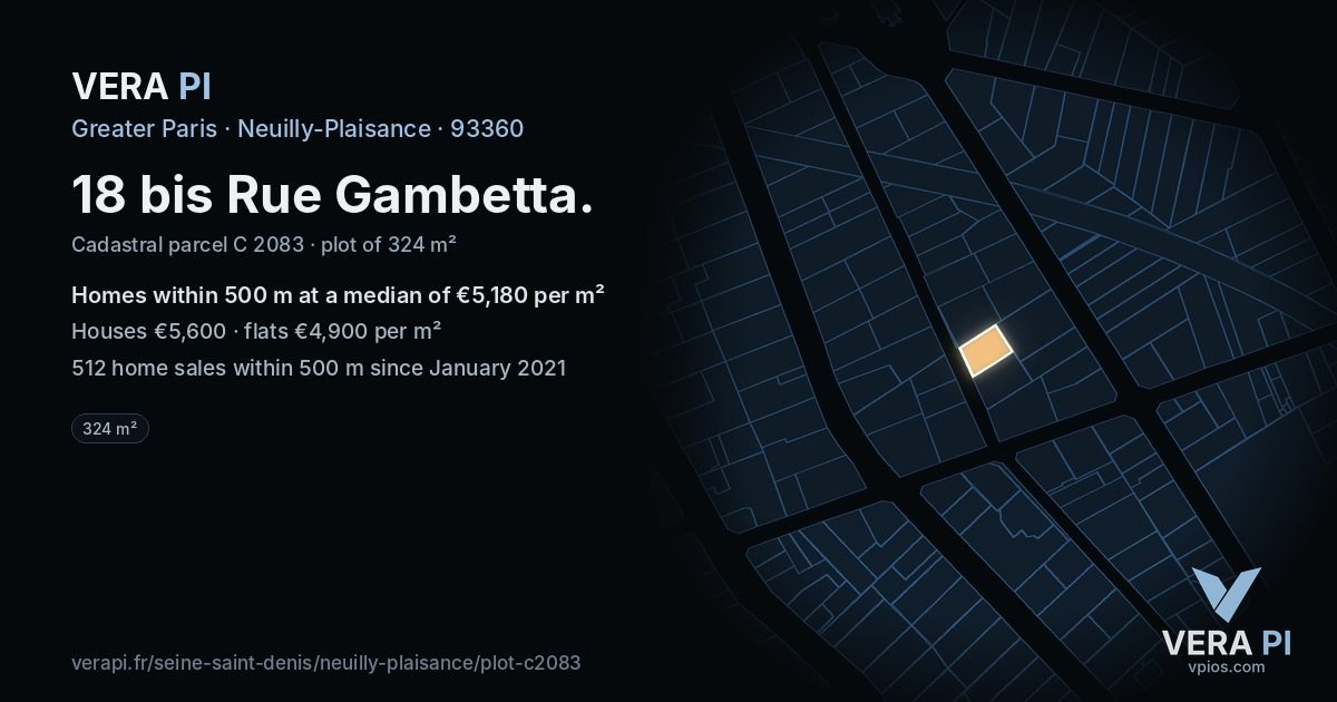 18 bis Rue Gambetta, Neuilly-Plaisance at night – the plot lit, the parcels around coloured by the prices near them