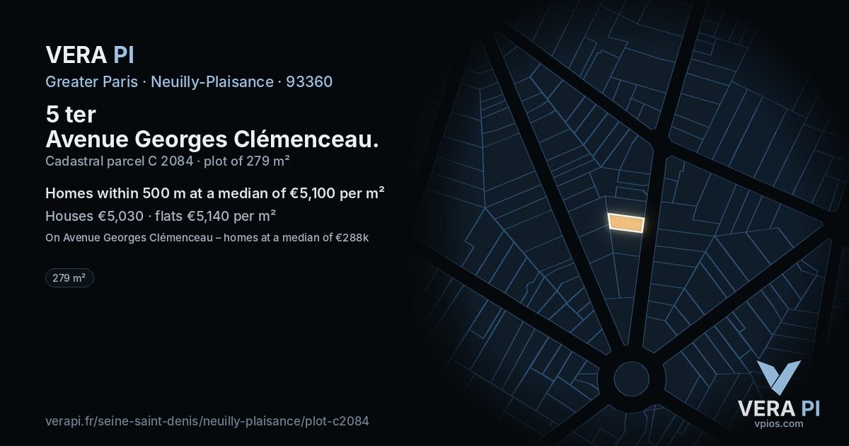 5 ter Avenue Georges Clémenceau, Neuilly-Plaisance at night – the plot lit, the parcels around coloured by the prices near them