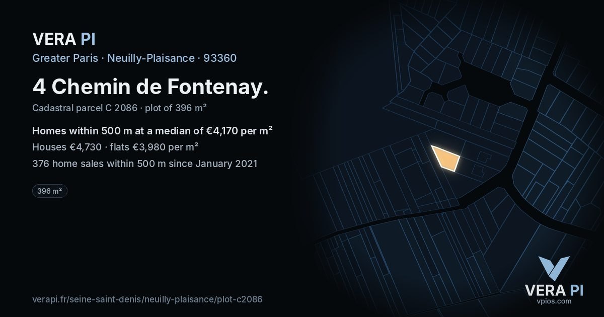 4 Chemin de Fontenay, Neuilly-Plaisance at night – the plot lit, the parcels around coloured by the prices near them