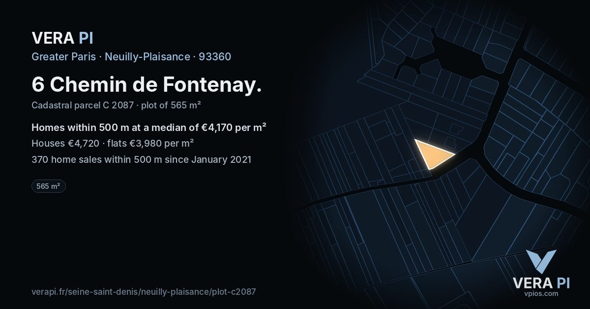6 Chemin de Fontenay, Neuilly-Plaisance at night – the plot lit, the parcels around coloured by the prices near them