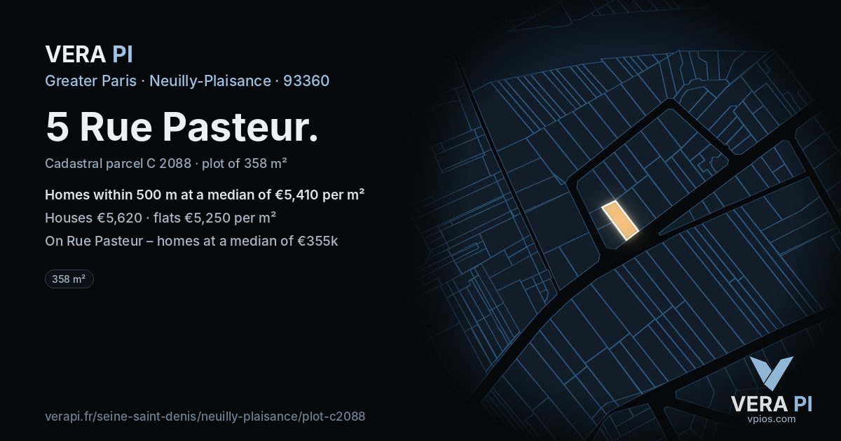 5 Rue Pasteur, Neuilly-Plaisance at night – the plot lit, the parcels around coloured by the prices near them